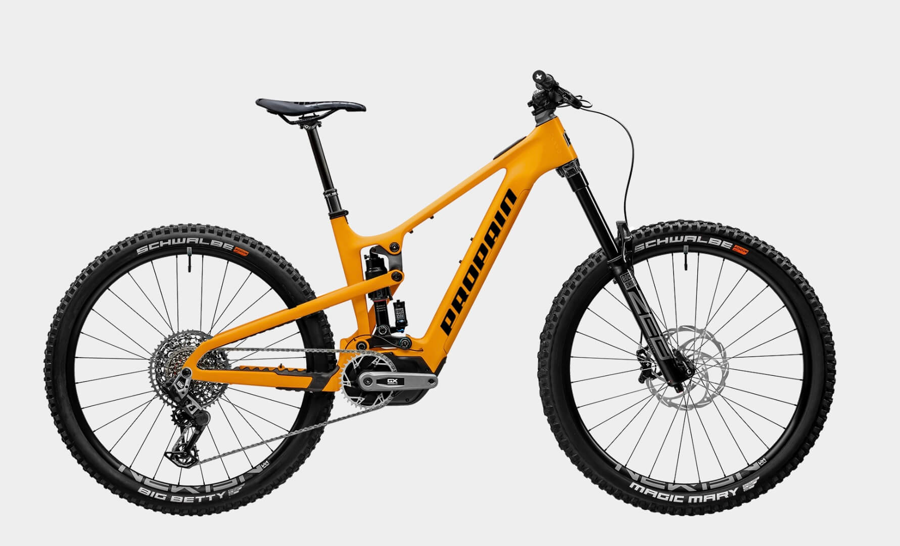 Orange full-suspension mountain bike profile Orange full-suspension mountain bike with knobby tires